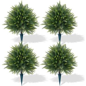 Artificial Cedar Topiary Trees with Ground Spike, 4 Pieces Fake Pine Shrubs Bushes, UV Resistant Faux Evergreen Cypress Tree Plants for Indoor Outdoor Planters Front Porch