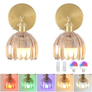 Shenmoyl Vintage Battery Operated Wall Sconce with Amber Tulip Glass Lampshade Wireless Rechargeable Battery Powered Wall Light with Remote Control for Bedside Bedroom Doorway, Set of 2
