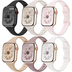 6 Pack Thin Bands Compatible with Apple Watch Band 38mm 40mm 41mm 42mm 44mm 45mm 46mm 49mm Women Men, Sport Silicone Strap Slim Wristband for iWatch Series 11 10 9 8 SE 7 6 5 4 3 2 1 Ultra (Black/Starlight/Sand Pink/Milk Tea/Smoke Violet/Light Blush)