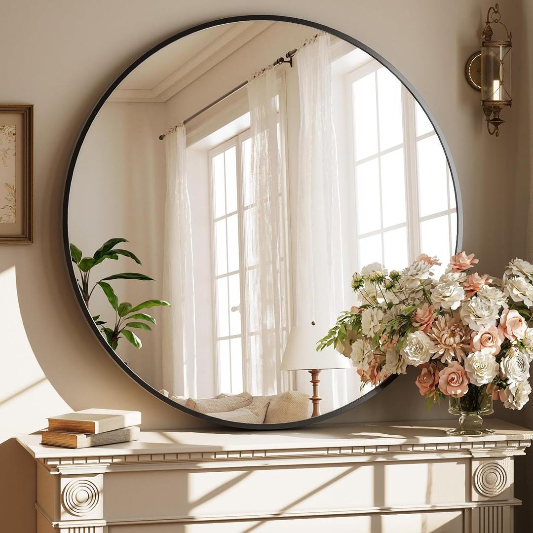 XRAMFY 40 Inch Round Mirror - Circle Mirrors for Bathroom, Entryway and Living Room Wall Decor, Modern Hanging Vanity Mirror, Matte Black Circle Decorative Wall Mirror