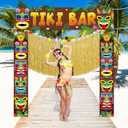 Tingjoo 4 Pcs Hawaiian Tiki Party Decorations Set Tiki Totem Door Banner Signs Aloha Grass Door Skirt Hanging Decor Luau Party Decor for Summer Tropical Birthday Beach Pool Party Supplies (Tiki Bar)