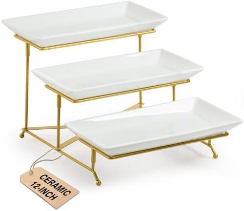 LAUCHUH 3 Tier Serving Stand Porcelain Serving Platter Tier Serving Trays with Collapsible Sturdier Rack, Serving Dishes and Platters for Valentine's Day, Christmas, Entertaining, Gold, 12 Inch