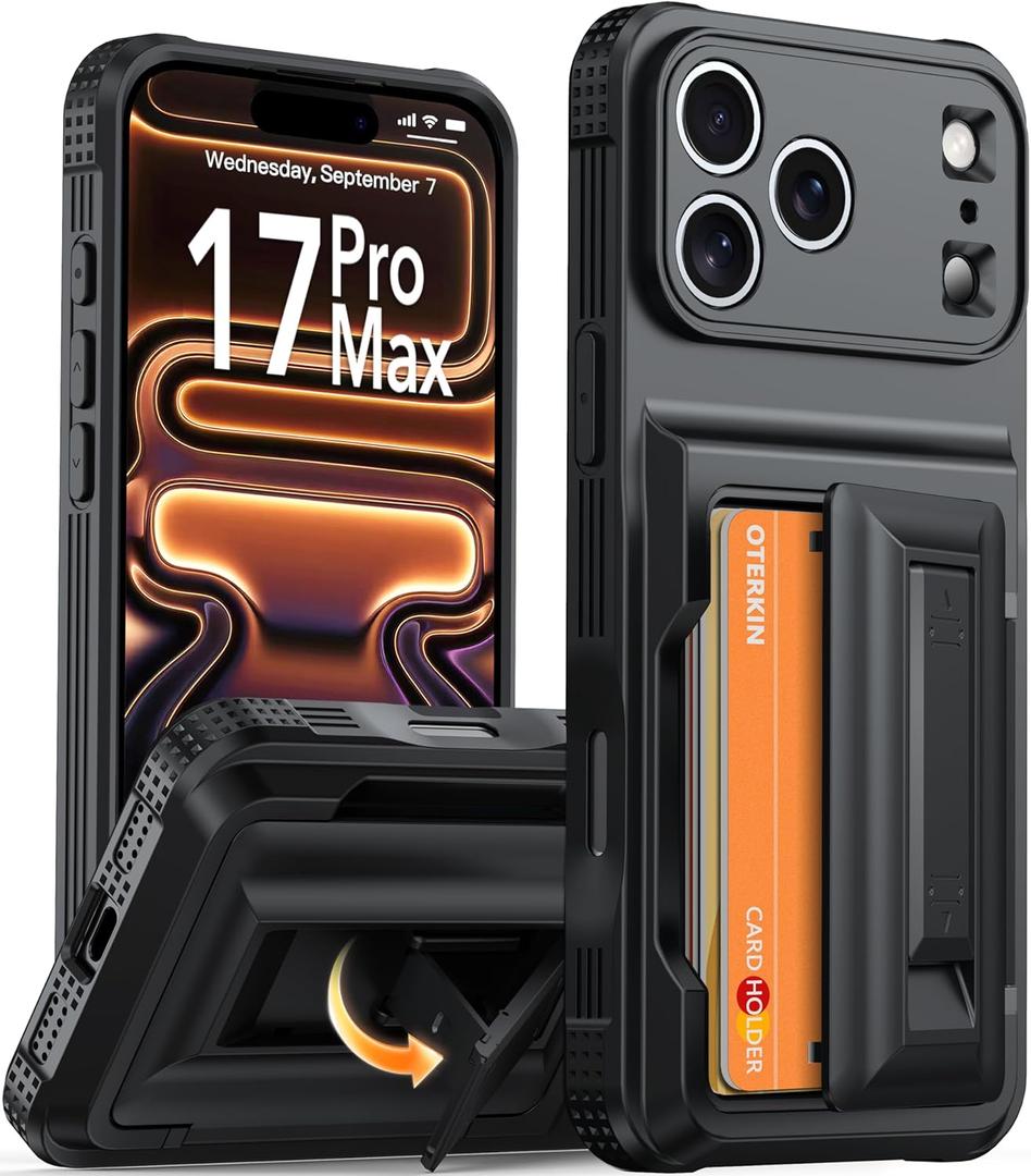 Oterkin for iPhone 17 Pro Max Wallet Case [4-5 Card Holder] [Kickstand] [Full Camera Protection] [RFID Blocking] [Military Grade Protection] Shockproof Rugged Case for iPhone 17 Pro Max, Black