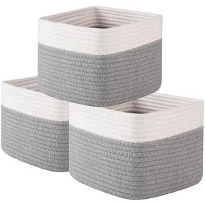 OIAHOMY 9”x9”x7” Storage Cubes, Cotton Rope Woven Baskets for Organizing, Cube Storage Bin, Small Gift Basket for Shelf, 3-Pack, Grey&White