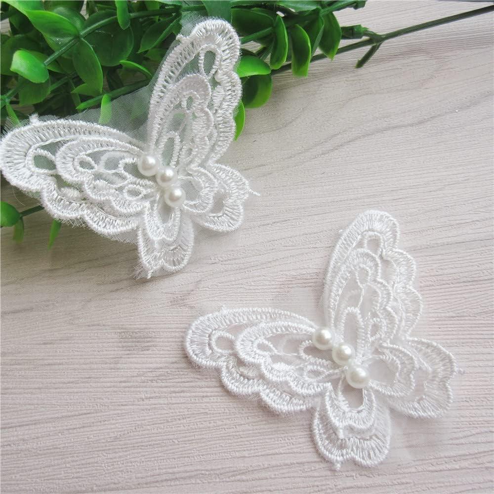 50pcs 3D Butterfly Pearl Organza Polyester Lace Trimmings Embroidered Lace Ribbon Fabric Vintage Embroidery Applique Sewing Craft Patchwork Handmade DIY Wedding Dress Clothes Decoration (White)