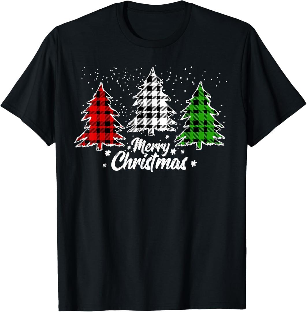 Merry Christmas Tree Xmas Buffalo Plaid Red White Green T-Shirt L 