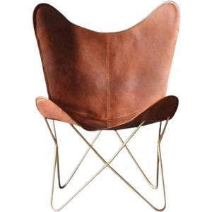 Shy Shy Lets Touch The Sky Leather Living Room Chairs-Butterfly Chair Brown Leather Butterfly Chair-Handmade with Powder Coated Iron Frame (Cover with Folding Frame) (Golden Frame), 66x58x94cm