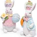 Hodao Easter Bunny Figurines Set of 2 Decor, Spring Decorative Rabbit Couple with Colorful Cake, and Easter Eggs Tabletop Home Decoration for Living Room, Entryway (Blue-pink)