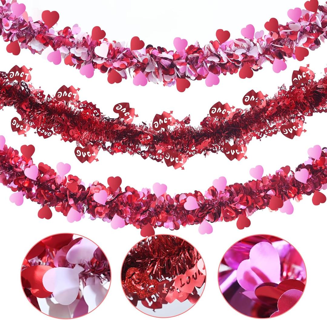 Meag-L 3 Pcs Valentines Day Decorations Heart Tinsel Garland Total 29.5Ft Red Pink White Valentines Day Decor for Home Mantle Tree Indoor Outdoor Wedding Metallic Hanging Wreath Supplies