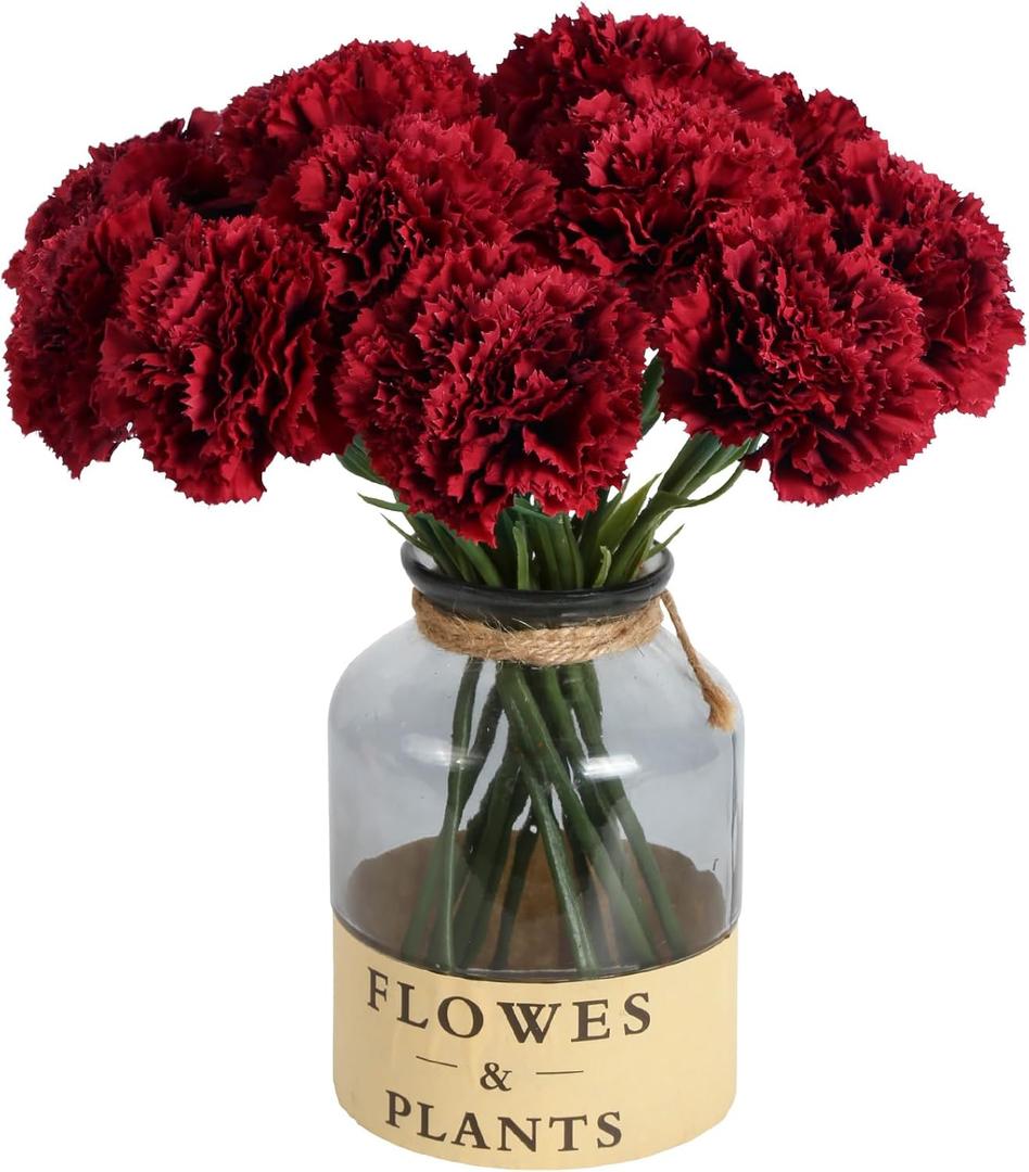 Red Carnations Artificial Flowers 15pcs Real Touch Carnation Flowers Silk Flowers with Stems for Wedding Bouquets for Bridal Home Table Centerpieces Floral Arrangements (Red)
