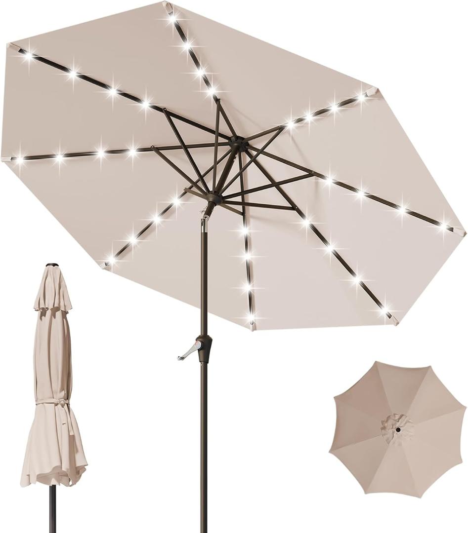 9FT Patio Umbrella with Solar Lights,Outdoor Market Umbrella with Tilt and Crank, LED Lighted Table Umbrella for Garden,Deck,Backyard,Pool,Beach(Beige)