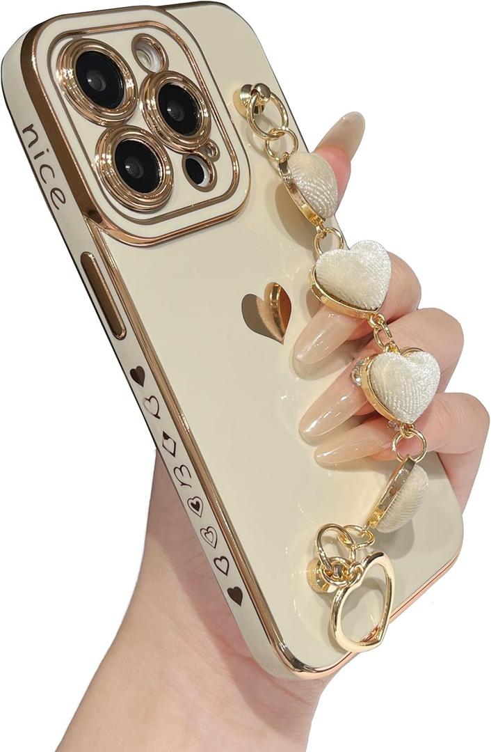 Caseative for iPhone 14 Pro Case,Cute Plating Love Heart Wrist Strap Chain Bracelet Phone Case (White)