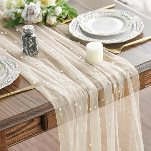 Artoid Mode 3PCS Pearl Beige Gauze Table Runner 120 Inch 10FT, Seasonal Sheer Dining Holiday Wedding Birthday Baby Shower Table Decor for Home Party