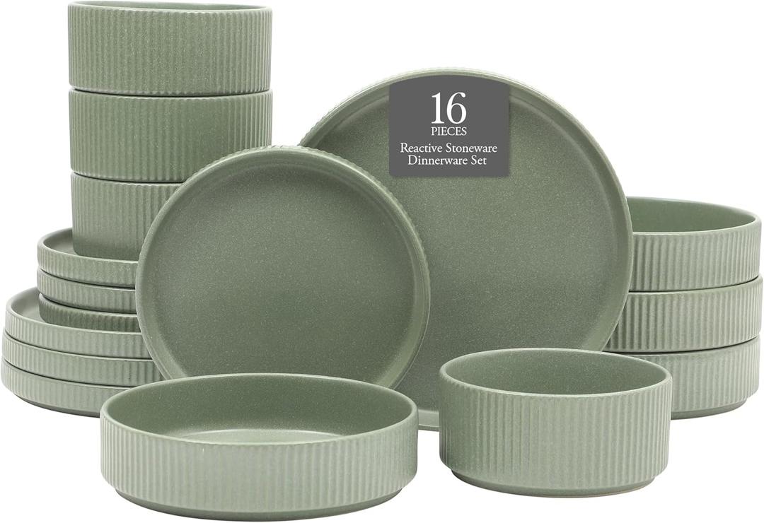 Gibson Elite Deerfield 16-Piece Stoneware Dinnerware Set  Matte Green Stackable Plates and Bowls, Reactive Glaze Finish, Service for 4  Microwave & Dishwasher Safe