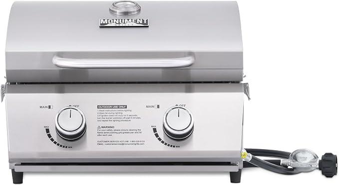 Monument Grills Tabletop Propane Gas Grill for Outdoor Portable Camping Cooking with Travel Locks, Stainless Steel High Lid, and Built in Thermometer