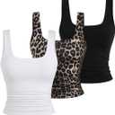 Women's Y2k Double Lined 3 Piece Crop Tank Top Sets Square Neck Sleeveless Ruched Tee Shirt Basic Tops Pack (Medium, Multicolor)