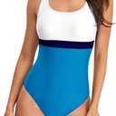 Womens One Piece Swimsuit Scoop Open Back Athletic Training Swimwear Color Block Sport Bathing Suit (White)