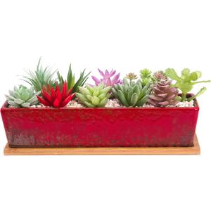 ARTKETTY Succulent Pots - Large Succulent Planter Pots with Drainage, 12 Inch Long Rectangle Bonsai Pot with Bamboo Tray Shallow Ceramic Cactus Flower Planter Window Box for Home Garden Decor (Red)