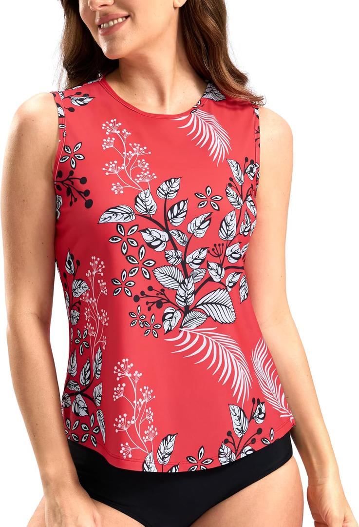 SANTINY Sleeveless Rash Guard for Women UPF 50+ Modest Swimsuit Quick Dry High Neck Bathing Suit Swim Top Swim Tank (Red, XL)