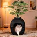 Hidden Litter Box with Faux Plant, Large Cat Litter Box with Rattan Pattern, Heavy Duty PP Material Litter Box Enclosure Furniture for Home Decor, Black