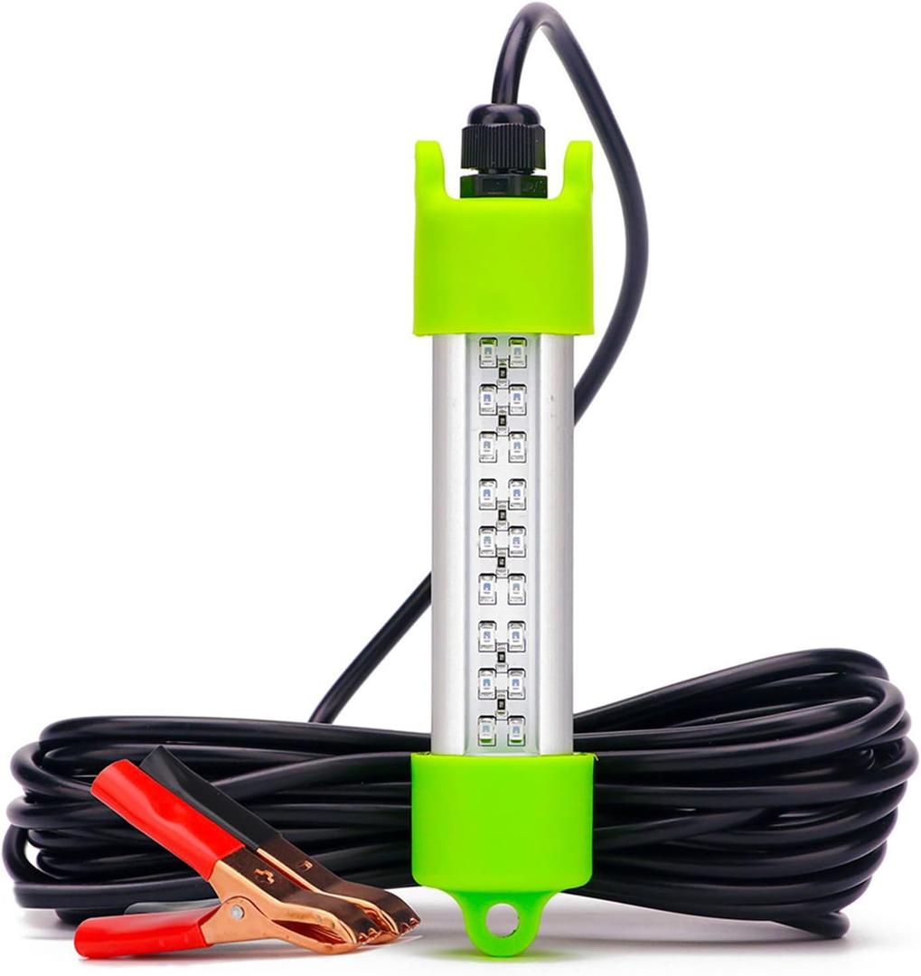18W 45W DC 12V Green IP68 Waterproof Aluminum Super Bright LED Fish Bait Submersible Dock Underwater Fishing Light Attractants For At Night Snook Crappie With Battery Clamps Cigarette Lighter Plug (45w, 17 ft Wire, Only Battery Clips, Green)