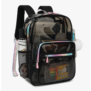 Black Clear Backpack for School, Heavy Duty PVC Transparent Bookbag See Through Backpack for Girls Women College Work Travel