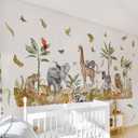 Large Safari Animals Boho Tropical Rainforest Leaves Tree Wall Stickers Jungle Animals Giraffe Elephant Lion Leopard Parrot Wall Decals for Living Room Bed Room Class Room Wall Dcor