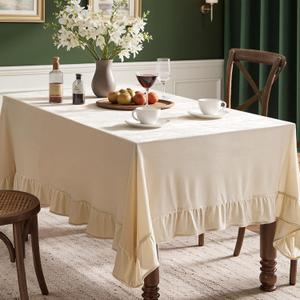 MIULEE Beige Velvet Table Cloth with Decorative Ruffle Edge Luxurious Soft Spring Washable Rectangular Tablecloth Thick Wrinkle-Resistant Oblong Table Cover for Kitchen Dining Wedding 60x120 Inch