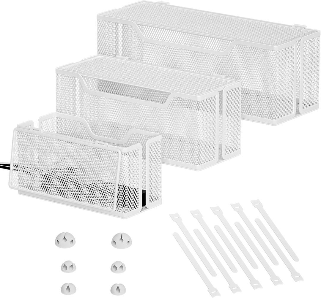 3 Pack Cable Management Box, Metal Mesh Cord Organizer Box for TV Wires, Electrical Hiding, Power Strip  Under Desk Cable Storage Box with Cable Clips&Reusable Cable Ties for HomeOffice - White