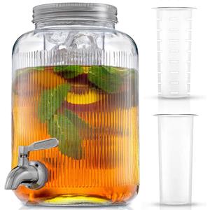 Fluted 1-Gallon Drink Dispenser. Glass Beverage Dispenser with Stainless steel Spigot plus Ice Cylinder and Fruit Infuser! Water Dispenser, Lemonade Stand, Juice Container - Dispensers for Parties