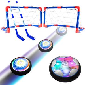 3-in-1 Hover Hockey Soccer Ball Set, Rechargeable Air Soccer and Floating Battery Hockey Kids Toys with LED Lights and Foam Bumper, 2 Goals for Boys and Girls Ages 4 5 6 7 8-12 for Indoor/Outdoor Game