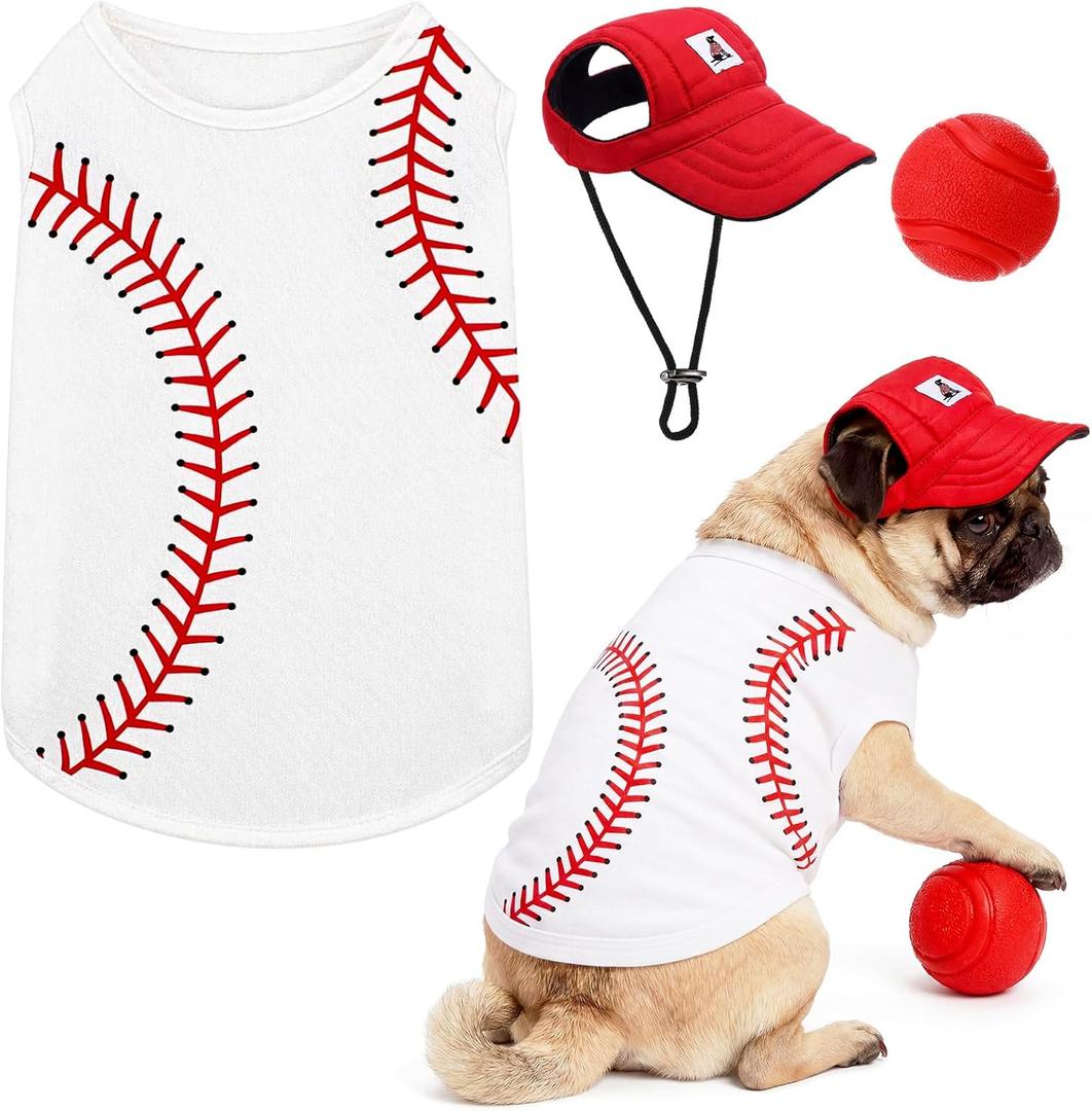 3 Pcs Baseball Dog Costume Set White Sleeveless Dog Shirt with Pet Summer Sun Hat and Small Pet Ball, Dogs Clothes for Small Medium Large Dogs(L)