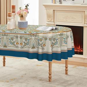 Horaldaily Floral Bordered French Tablecloth 6084 Inch Oval, Bird Floral Vintage Washable Seasonal Table Cover for Party Picnic Dinner Decor,  Green