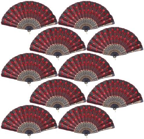 QIRMIZI 5 Pack Fabric Folding Handheld Fans, Perfect for Weddings, Parties, and Dancing,Red