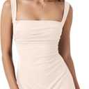Womens Square Neck Sleeveless Tank Top Bodycon Dresses Backless Ruched Wide Shoulder Straps A-line Mini Dresses (M)