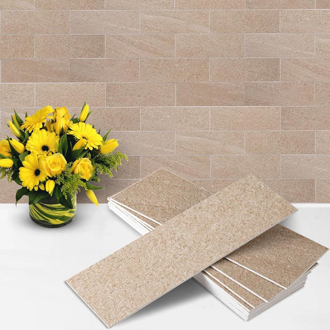 40PCS Peel and Stick Backsplash, 3" x 9" SPC Wall Tiles, Upgraded Structured Soft Glossy Beige Sandstone with White Grout Backsplash Stick on Tile for Kitchen, Bathroom, Fireplace, RV