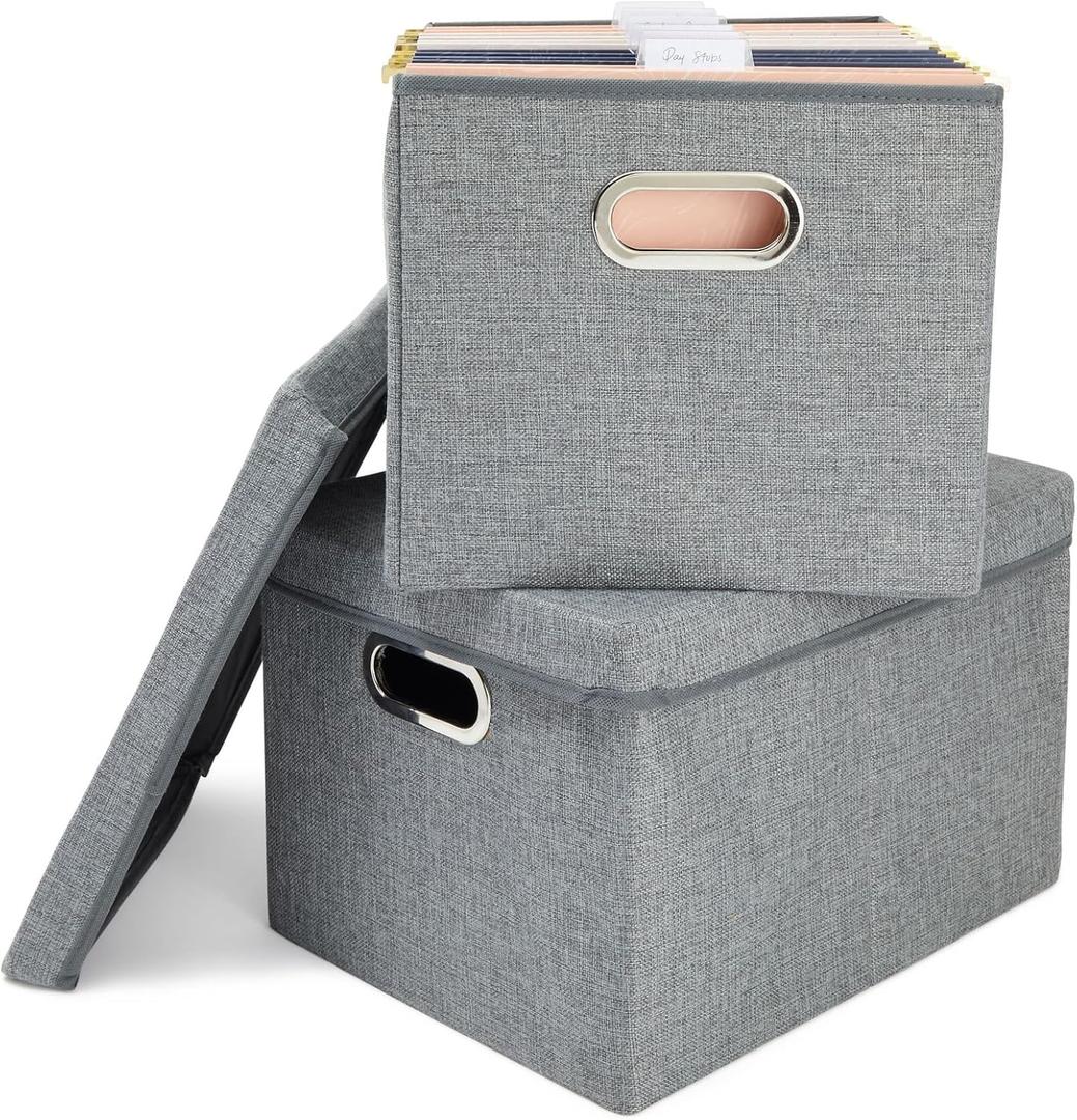 Stockroom Plus 2 Pack Decorative File Boxes Storage with Lids, Filing Organizer Hanging Document Container, Gray, 15.4" x 12.4" x 10"