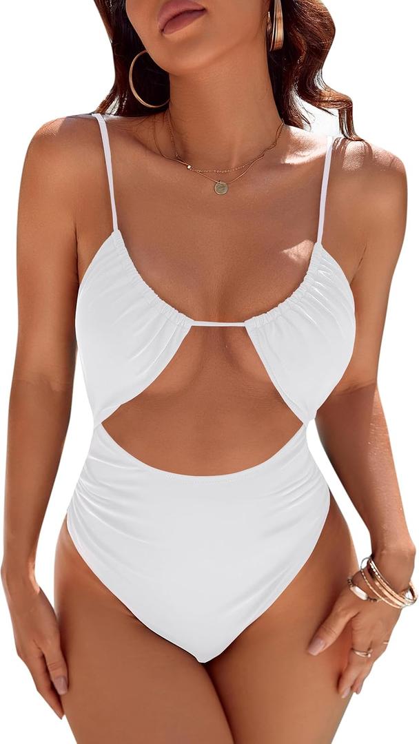 Blooming Jelly Womens One Piece Swimsuit Tummy Control Bathing Suit Sexy Flattering Cheeky High Cut Out Cute Ladies Swimwear, Large, White