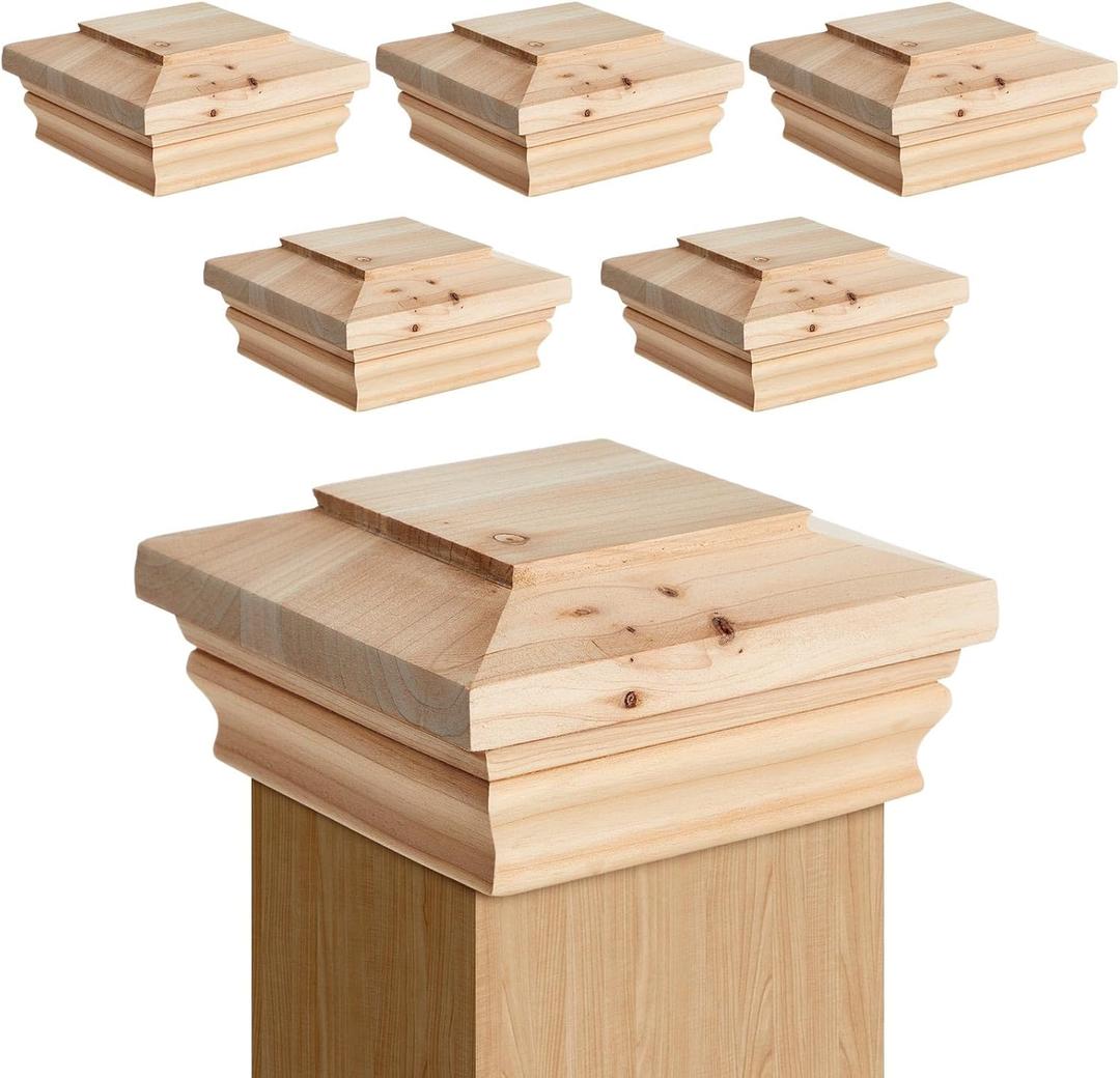 Geetery 6 Pcs 4" x 4" Cedar Post Cap Wood Flat Peak Newel Cap for Fence Topper Top Resistant Decking Caps for Outdoor Fences, Mailboxes and Decks