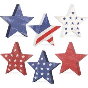 COCHIE 4th of July Decorations Wooden Star Set of 6, Labor Day Decor, Patriotic Memorial Day Tiered Tray Decor, Red White and Blue Veterans Day Decorations for Home Office Table Shelf (Vintage)