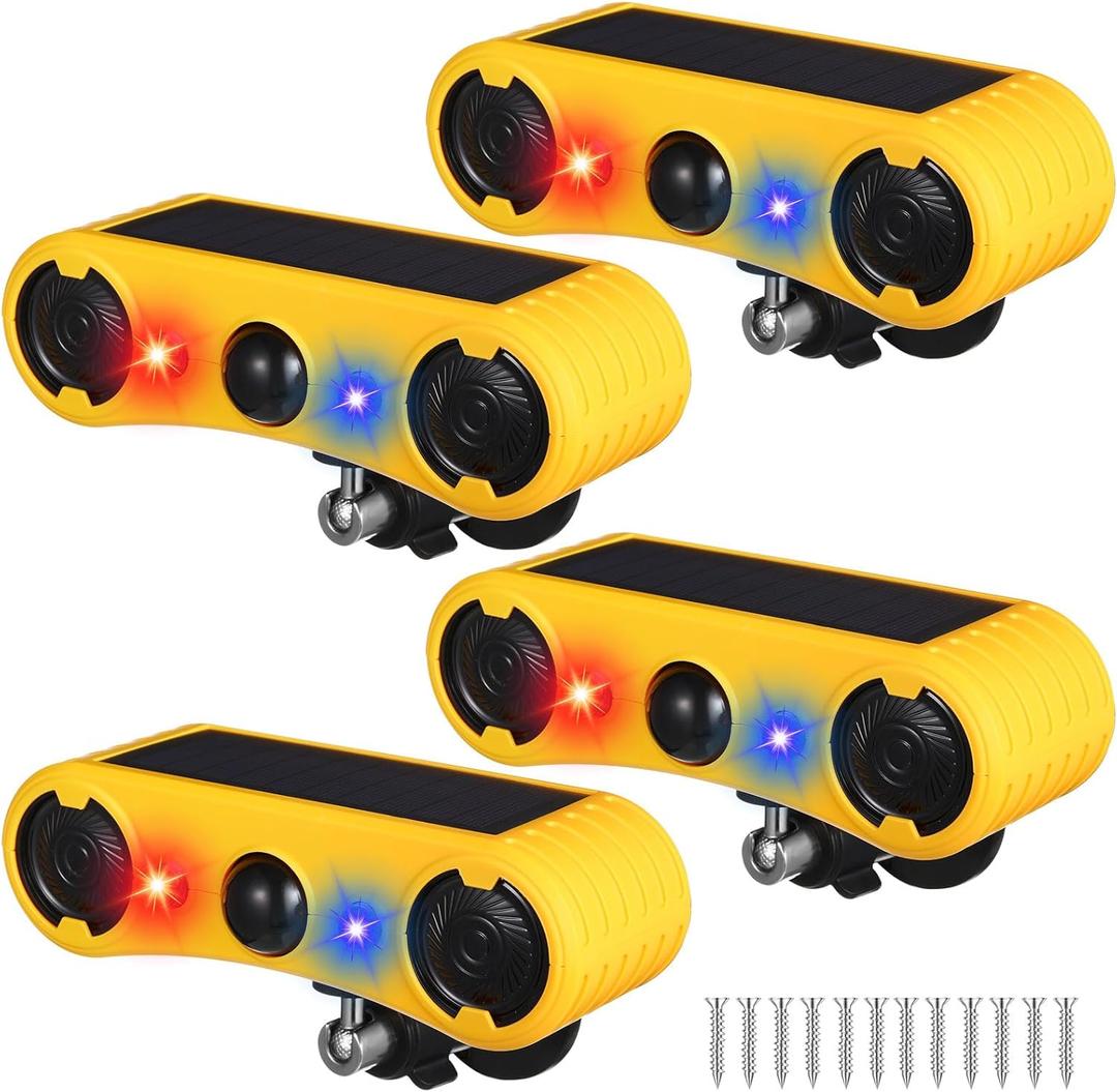Qualirey Solar Outdoor Motion Sensor Alarm 2 x 129db Loud Noise Maker 13 Sound Detector Strobe Light, 4 Modes Animal Deterrent Dog Barking Alarm Mount on Ground or Fence for Garden Yard(4 Pack)