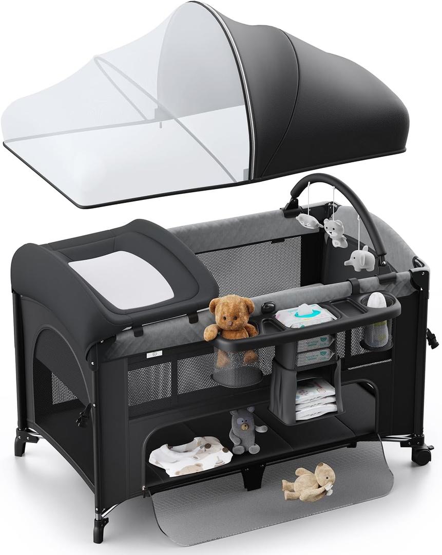 4 in 1 Baby Bassinet, Pack and Play, Bedside Crib Sleeper, Diaper Changer - Comes with Mattress, Mosquito NetBottom Storage and Toy Bar for Newborn to Toddles (Black)