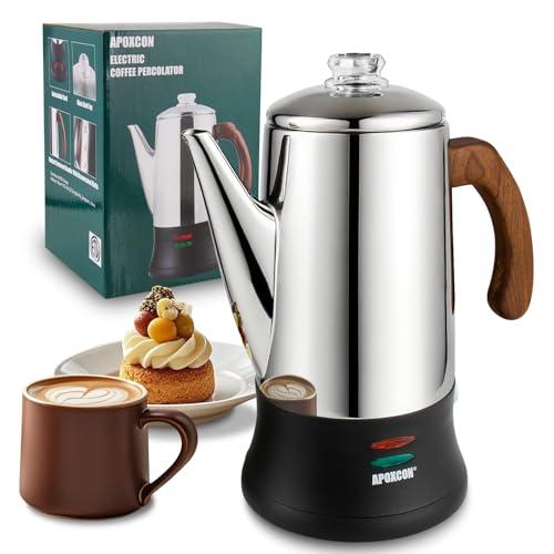 APOXCON Electric Coffee Percolator Stainless Steel Coffee Pot with Two Tough Glass Clear Brew Progress Knob & Treated Solid Wood Handle & On/OFF Switch Auto Keep Warm Cordless Serve (8 Cup)