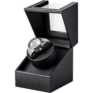Watch Winder for Automatic Watches: Automatic Single Watch Winder Box, Rotating Watch Case in Black Carbon Fiber Leather, Watch Rotator with Japanese Quiet Motor, Battery Powered or AC Adapter Watch Winder for Automatic Watches: Automatic Single Watch Winder Box, Rotating Watch Case in Black Carbon Fiber Leather, Watch Rotator with Japanese Quiet Motor, Battery Powered or AC Adapter