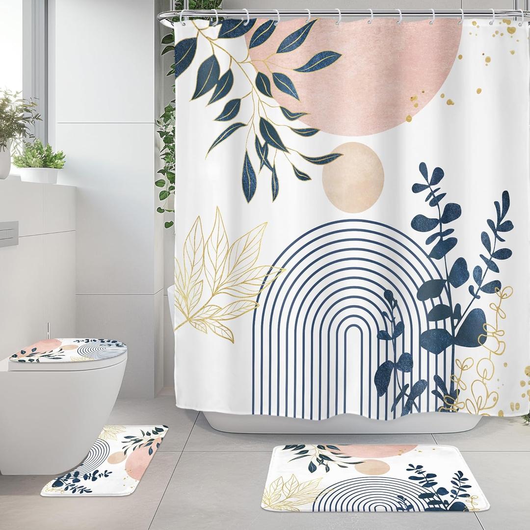 Riyidecor Boho Pink Navy Blue 4Pcs Shower Curtain Set with Toilet Lid Cover and Non-Slip Rugs, Mid Century Modern Minimalist Bathroom Decor SetAbstract Contour and Bath Mat with 12 Hooks