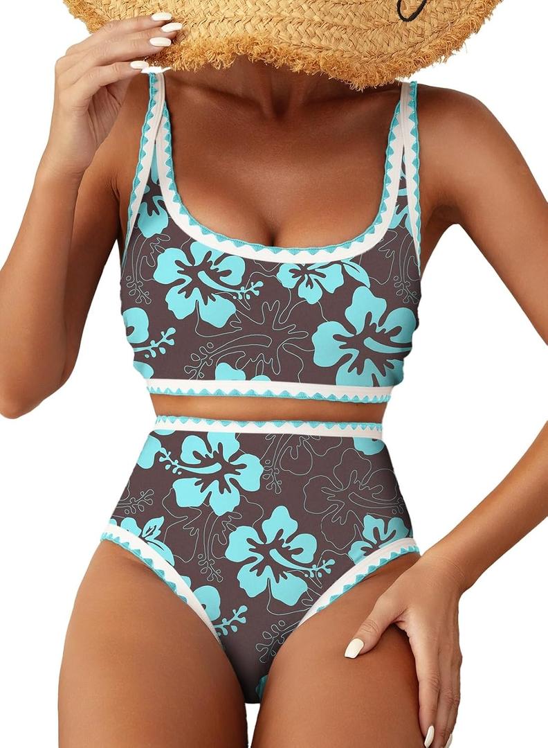 Herseas Women's Bikini Sets Floral Print Whip Stitch 2 Piece Swimsuits High Waisted Scoop Bathing Suits (Brown, L)