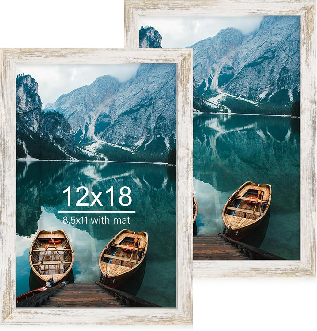 12x18 Frame Set of 2, Distressed White Wood Style, Display 12 x 18 Poster without Mat or 8.5x11 Picture with Mat, Wall Mounting Horizontal and Vertical