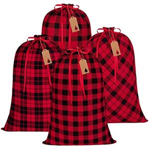 Aneco 4 Pack Big Christmas Buffalo Plaid Drawstring Gift Bags Red and Black Plaid Cotton Christmas Gift Bag Fabric for Xmas Game Party Supplies Santa Claus Backpacks, Extra Large Size 31.5 x 21.7 Inch