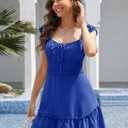 YOBECHO Womens Summer Ruffle Sleeve Sweetheart Neckline Printing Dress Mini Dresses (Blue, L)