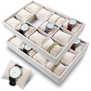 Nodaaiie 2 Pcs Beige Velvet Jewelry Organizer Watch Tray Box 12 Grid Stackable Bracelet Organizer with Adjustable Pillows for Men Women, Home Store Show